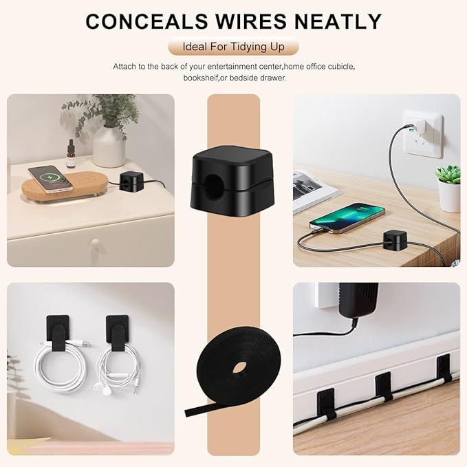 8 Pack Magnetic Cable Clips Cord Holder With Free 0.39*196 Inch Cut - To - Size Binding Tape For Cord Management | Adhesive Cable Organizer For Home, Office, Car - Hide Phone Charging Cables, Desk Use