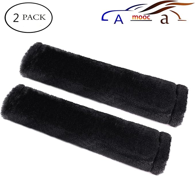 Amooca Soft Faux Fur Universal Fit Seatbelt Cover Car Truck SUV Airplane Seat Belt Shoulder Pad for Carmera Backpack Straps Neck Cushion Protector 2 Pack 10.5in Black