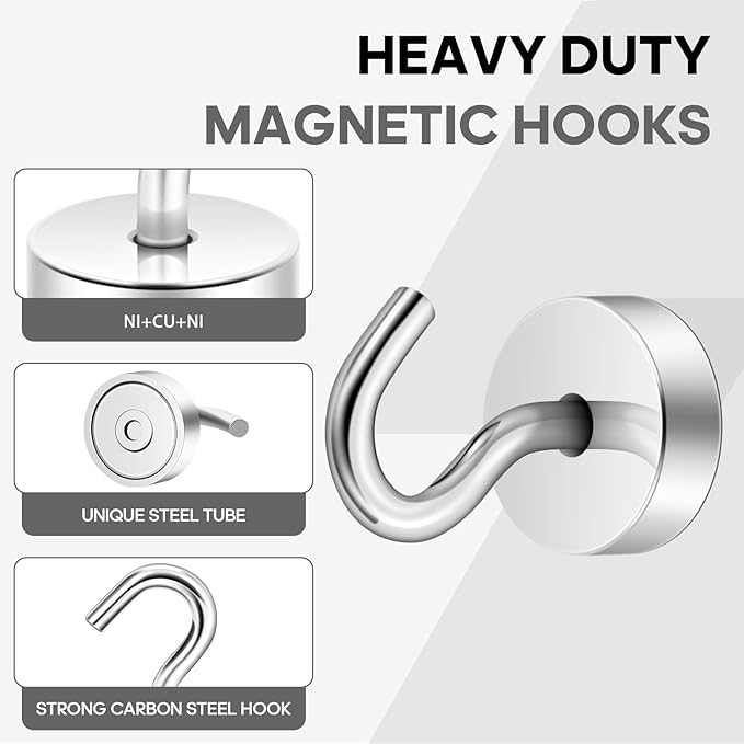 Neosmuk Magnetic Hooks, Cruise Ship Essentials, 30lb+ Heavy Duty Magnetic Hooks for Cruise Cabins, Refrigerator, Grill, Hanging, and Travel | Extra Strong Must-Have Magnet Hook, Silver