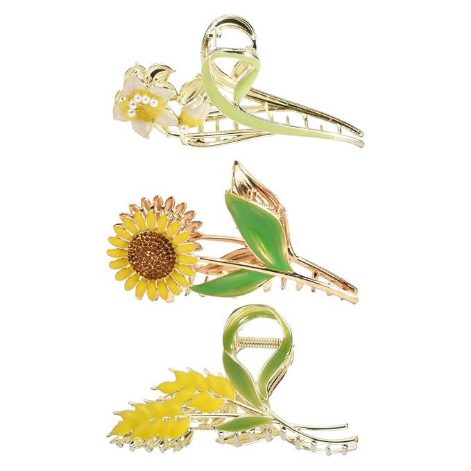 3-Piece Floral Metal Hair Clips, Sunflower Lily Wheat Designs for Thin/Medium Thick Hair, Elegant Barrettes With Strong Hold Non-Slip Clamps, Cute Catch Accessories