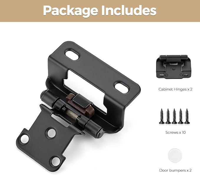 2 Pack 1 Pair Black Cabinet Hinges - 1/2 inch Overlay Kitchen Cabinet Hinges, Partial Wrap Around Cabinet Door Hinges for Face Frame Cabinet, Self Closing Black Face Mount Cabinet Hardware