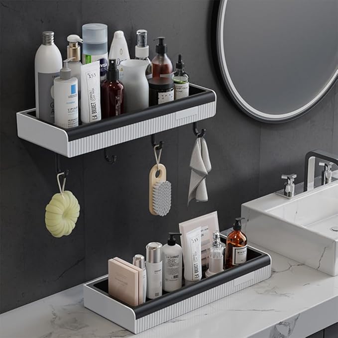 MRPAPA Wall-Mounted Bathroom Organizer, Adhesive Shower Shelf for Toiletries, Drill-Free Shower Caddy with Hook Space-Saving Storage Rack for Bathroom, Kitchen (2 Pack)