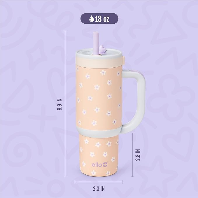 Ello Oasis 18oz Stainless Steel Kids Tumbler with Handle & Retracting Straw, 100% Leakproof, Double-Wall Vacuum Insulated, Kids Water Bottle for School, BPA Free, Dishwasher Safe, Orange Daisies