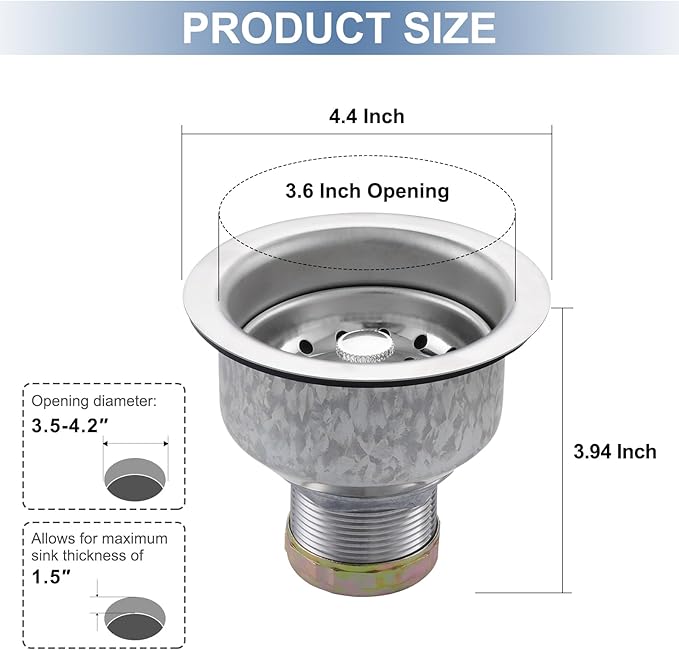 ZM Kitchen Sink Stainless Steel Deep Locking Basket Strainer with Drain Assembly, 3-1/2 Inch Sink Drain Stopper Plug