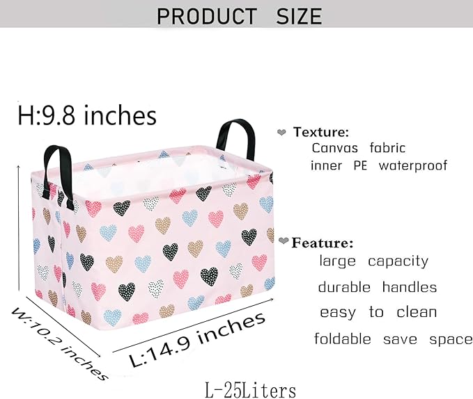 KUNRO Rectang Heart Valentine's Storage Basket Gift Shelf Basket Storage Bin, Nursery Basket Organizer Box for With Handles for Room Deco