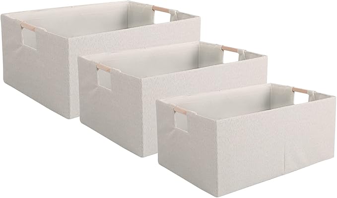 Fabric Storage Bin Box Foldable Cotton Linen Storage Basket with Wooden Handles Rectangular Cube Decorative Home Laundry Organizer Clothes Blanket Container - Beige, Small