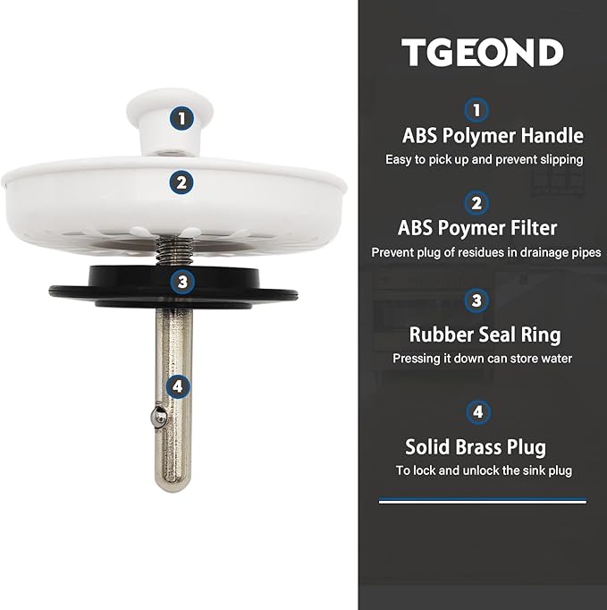 White Kitchen Sink Drain Basket Strainer Stopper Replacement for Polymer Sink Drain, TGEOND Brass Center Plug Removable Basket Drains