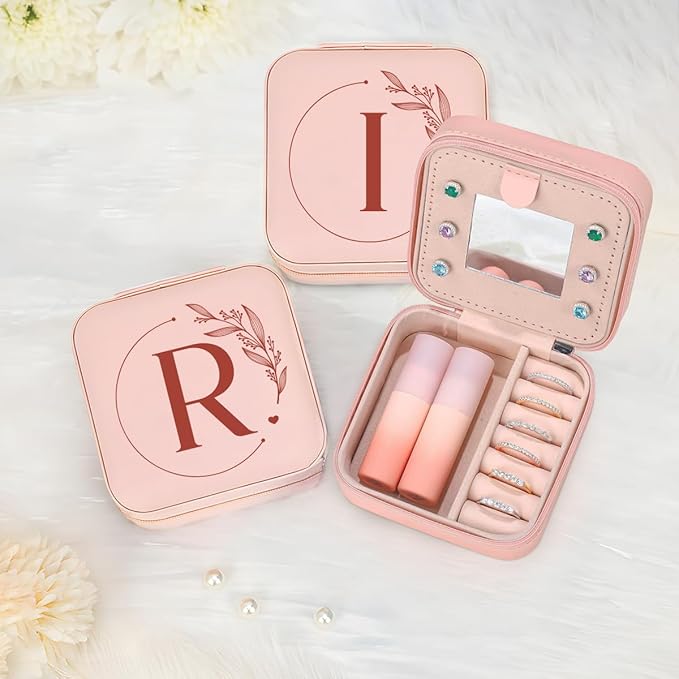 SANDJEST Personalized Jewelry Box, Pink Small Travel Jewelry Box with Initial R, Monogrammed Jewelry Case Organizer for Girls Women Teen, Mini Travel Essentials Gifts for Christmas Birthday