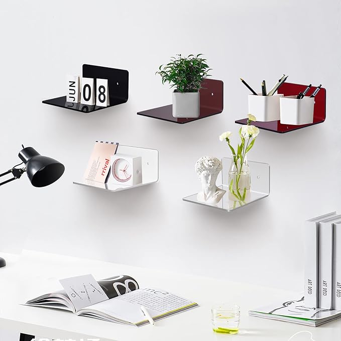 4 Pack Small Acrylic Floating Shelves, 4'' Acrylic Wall Shelves Display Ledges for Storage & Decoration, Mini Shelves for Wall with 2 Types of Installation (Adhesive or Screw)