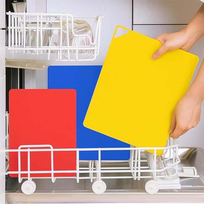 WK Flexible Plastic Cutting Boards for Kitchen Set of 3, Non slip Cutting Mats, Colorful Thin Cutting Sheets for Meat, BPA Free, Dishwasher Safe