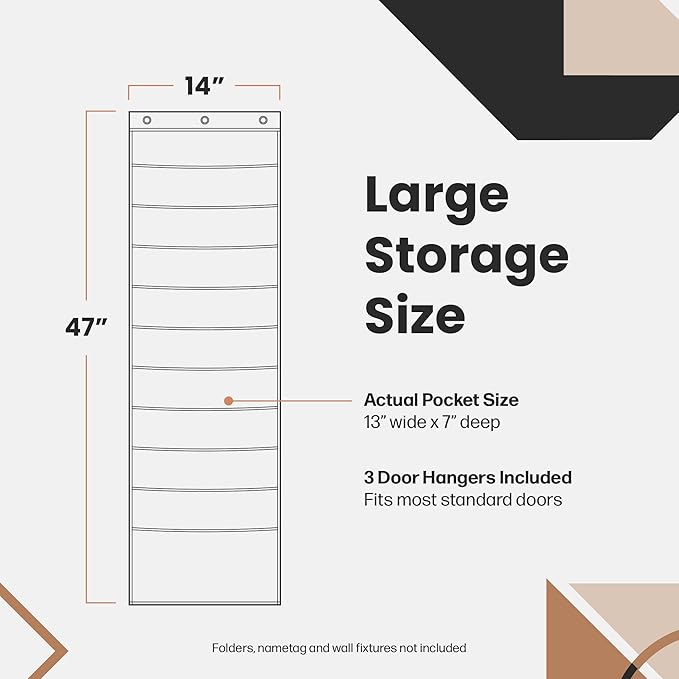 Hippo Creation Heavy Duty Storage Pocket Chart for Classroom, 10 Pocket Storage Organizer with 6 Over-Door Hangers, Hanging Wall Organizer for File Folders, School Mailbox, Home Office Papers - Black