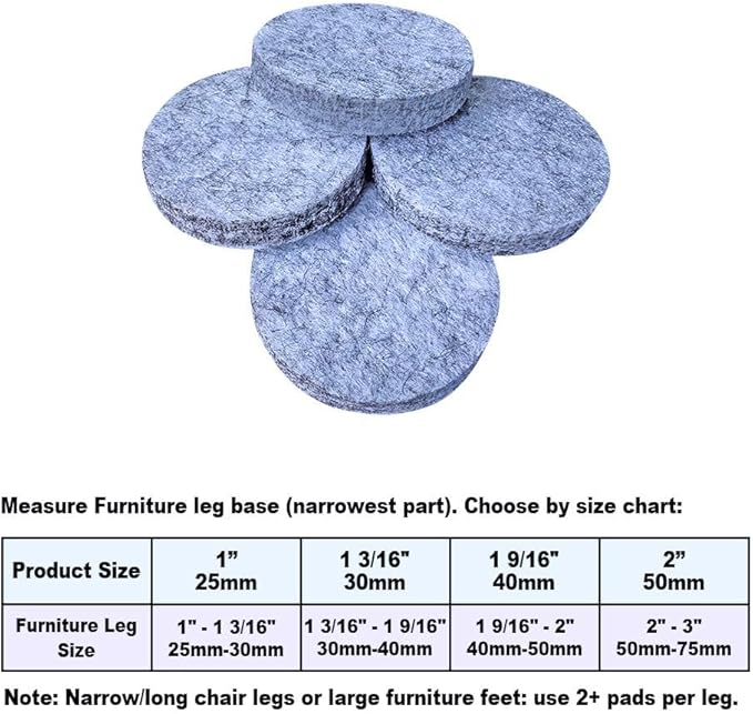 No Lost Pads! Felt Chair Leg Glides for Hard Floors – Easy Glide, Scratch Protection, Chair Feet, Not Adhesive Backing | 40mm (1.6") Round, 48 Pcs
