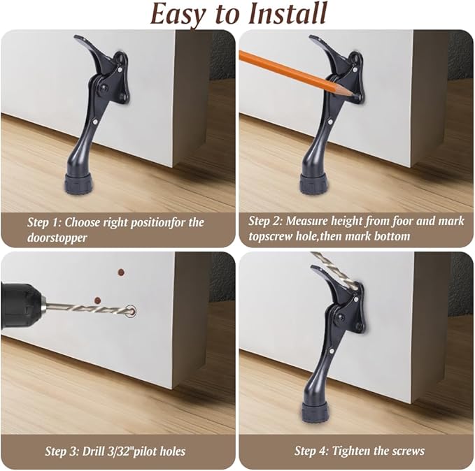 Kickdown Door Stopper 4 Inches - One Pack One Touch Adjustable Height Door Stop for the Bottom of the Door, Aluminum Alloy Metal Door Stopper with Rubber Tip, Black
