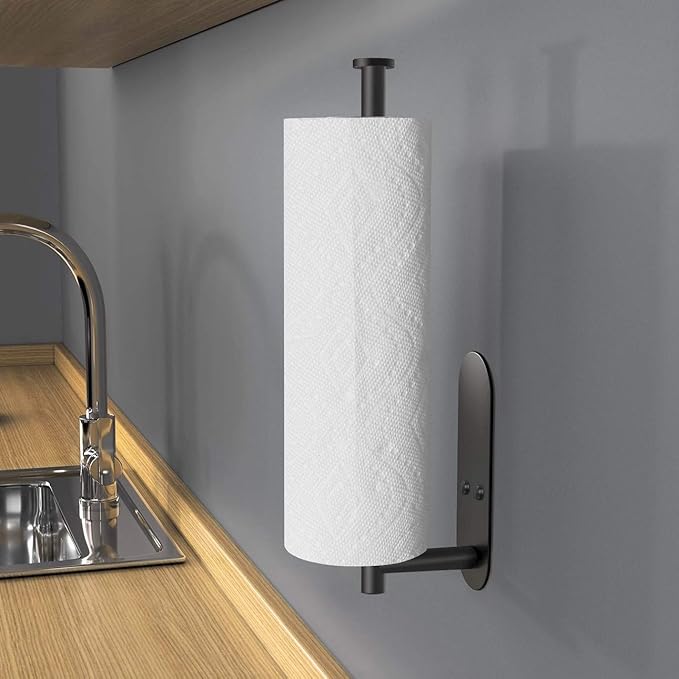 VAEHOLD Adhesive Paper Towel Holder Under Cabinet Wall Mount for Kitchen Paper Towel, Black Paper Towel Roll Holder Stick to Wall, Stainless Steel(Black)