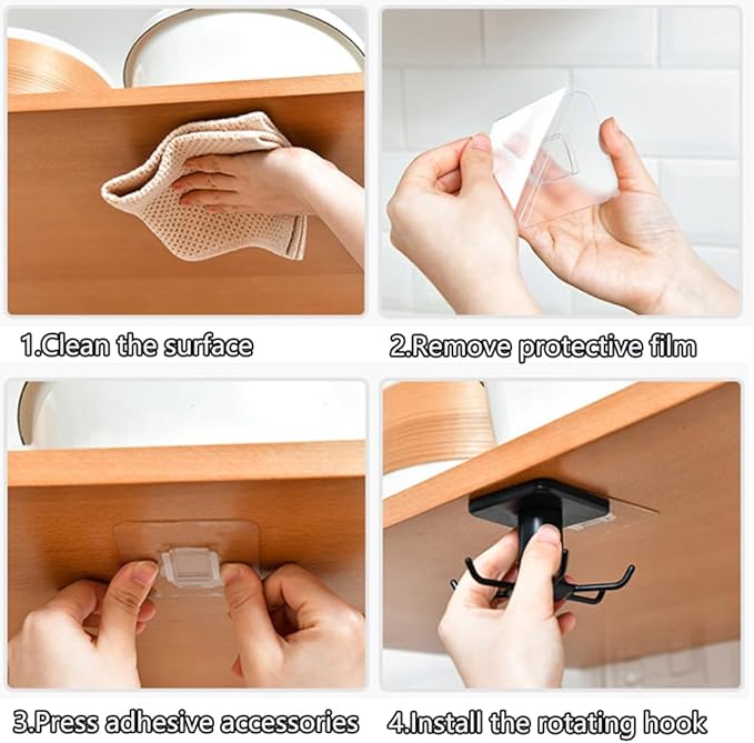 2pcs 360 °Rotation Utility Hooks,Under Cabinet Kitchen Hooks,Storage Shelf rv Must Haves,Nail Free Adhesive Kitchen Utensils Hanging Hooks for Kitchen Utensils/Tools/Towel/Knife(Black)