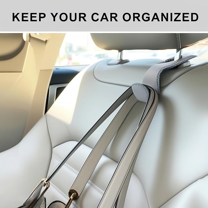 Car Seat Hooks for Purses and Bags, 2 Pack Car Purse Holder for Grocery Bag Handbag Clothes, Metal Headrest Hooks Covered by Leather, Gray