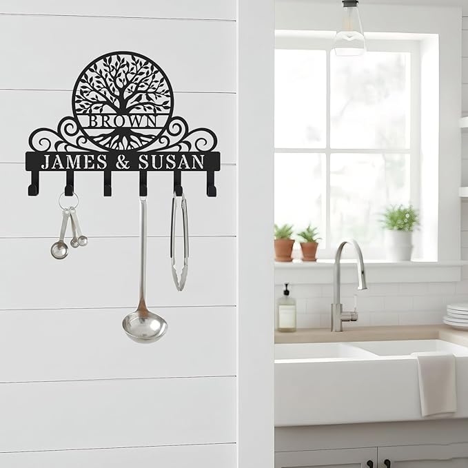 Personalized Tree of Life Metal Key Holder for Wall, Monogram Coat Rack Wall Mount, Key Hooks for Bathroom, Living Room, Kitchen, Office, Wedding, Anniversary & Housewarming Gift