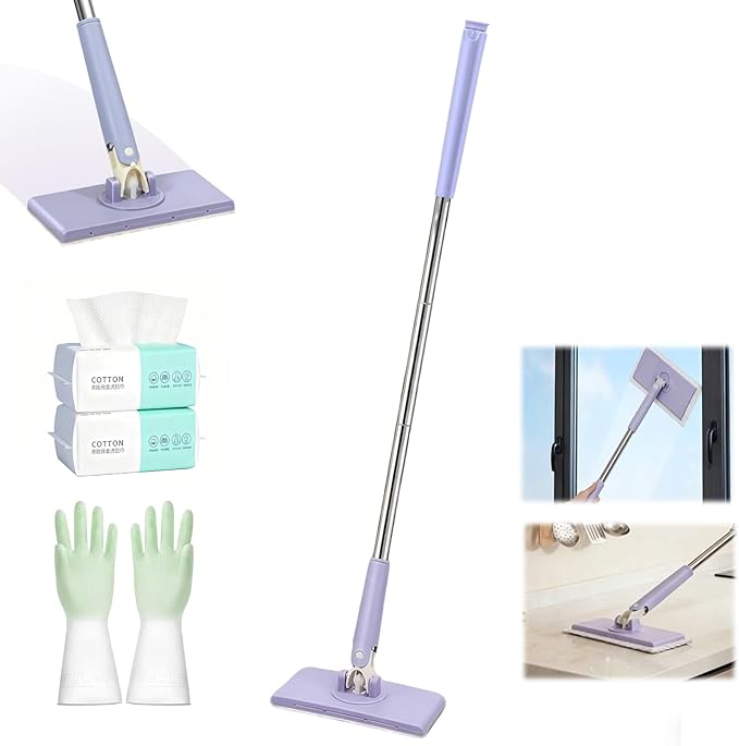 Snap Grip Mini Mop, Cloth Changing Mini Mop for Dry & Wet Disposable Pads, Lazy mopa automatic gripping with Sweeping & Mopping, Long Handle Disposable Dust Mop for Hardwood, Tile, Small Space(Purple)
