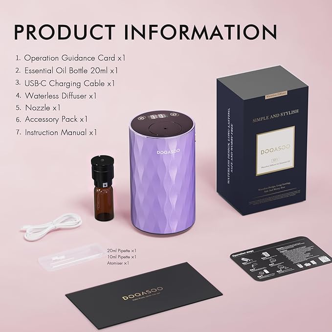 Waterless Essential Oil Diffuser - Aluminum Metal Texture, 96H Quiet Battery Nebulizer, Portable Scent Aromatherapy Diffuser with Timer & 4 Mist Levels, 20mL, Type-C for Home/Room/Car/Office