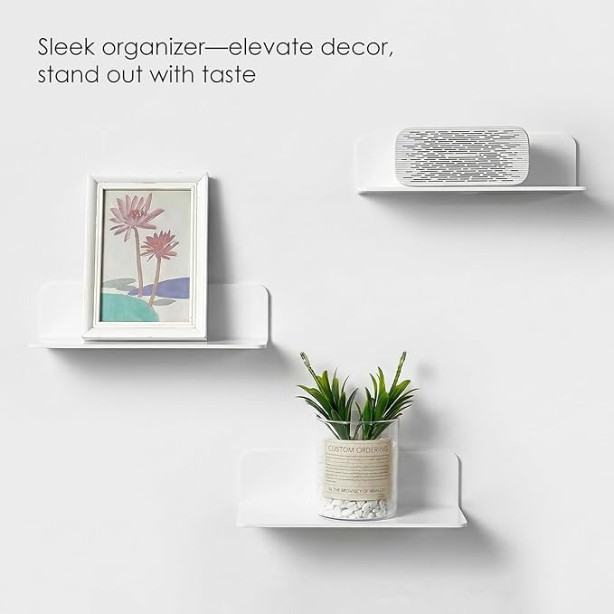 OAPRIRE White Floating Shelves Wall Mounted Set of 2 - Easily Expand Wall Space - Acrylic Hanging Shelves for Bedroom, Gaming Room, Living Room, Bathroom, Office with Cable Clips