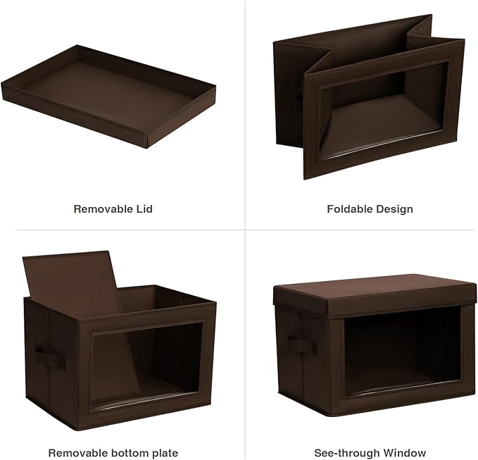 Foldable Storage Boxes with Clear Window - Clothes Organizers and Decorative Bins with Lid, Fabric Storage Cube, Baskets for Shelves, Yarn, Home, Brown, 3 Pack