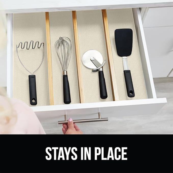 GORILLA GRIP powerGRIP Drawer Shelf and Cabinet Liner, Thick Strong Hold, Non-Adhesive Liners Protect Kitchen Cabinets and Cupboard, Bathroom Drawers, Easy Install, Breathable Mat, 17.5" x20', Cream