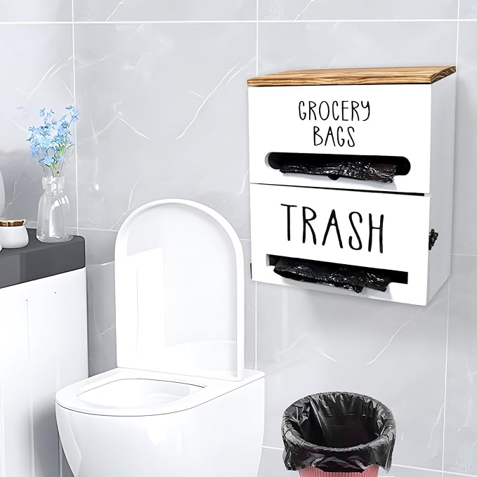 2-in-1 Trash Bag Dispenser, Double Wall Mounted, Wood Trash Bag Holder, for kitchen, garage, laundry room, can store eco-friendly food bags and garbage bags (White)