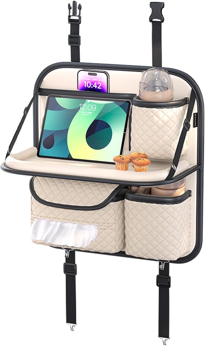 Leather Car Backseat Organizer with Foldable Table Tray - Cup/Tissue/Tablet Holder, Car Seat Back Storage Organizer, Road Trip Essentials for Adults & Kids (white)