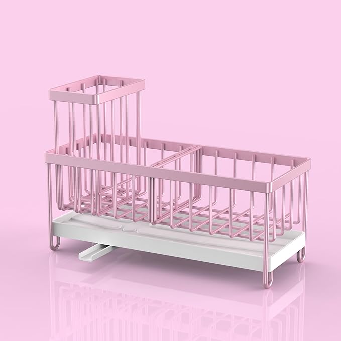 Cisily Pink Sponge Holder for Kitchen Sink, Sink Caddy Organizer with High Brush Holder, Countertop Organizers and Storage Essentials, Rustproof 304 Stainless Steel, Pink Kitchen Accessories and Decor