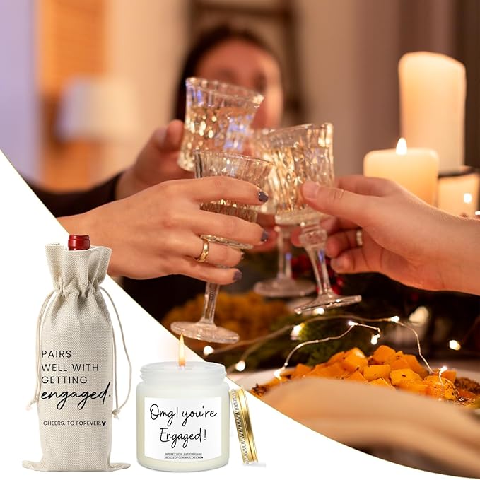 Engaged Engagement Gifts for Couples Her Engagement Party Decorations for Couple Wine Bag Scented Candles Set Pairs Well with Getting Engaged Wine Bag Omg Candles