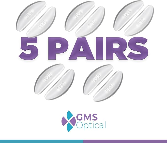 GMS Optical Large Adhesive Contoured Regular-Thin Silicone Nose Pads - Non Slip Nose Grips for Glasses, Sunglasses and Eyewear w/Super Sticky Backing, Eyeglass Accessories - 5 Pairs, Clear