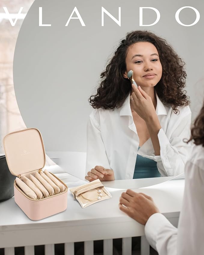 Vlando Small Jewelry Box Organizer,Travel Jewelry Storage with 6 Velvet Jewelry Zipper Pockets,Travel Jewelry Case Birthday Gifts for Women Girls(Khaki)