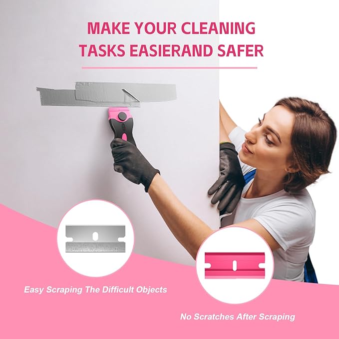 Ywmoml 3 Pack Razor Blade Scraper Set, Includes 30 Plastic & 30 Metal Blades, Multi-Purpose Tool for Glass, Cooktop, Sticker Removal, Paint & Gum Cleaning (Pink)