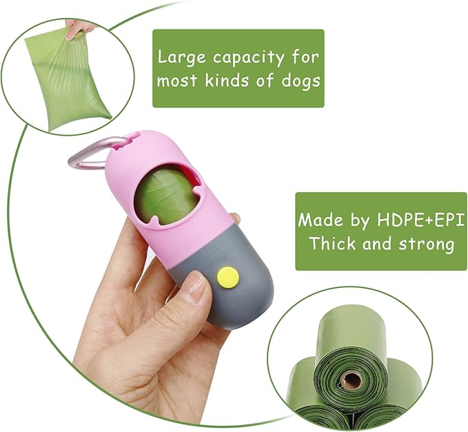2 Pack Poop Bag Holder with Flashlight Waste Bag Dispenser for Leash with Clip and Battery Poop Bag Dispenser with Green Scented Poop Bags for Dog Walking(Pink,2 Dispenser 60 Bags)