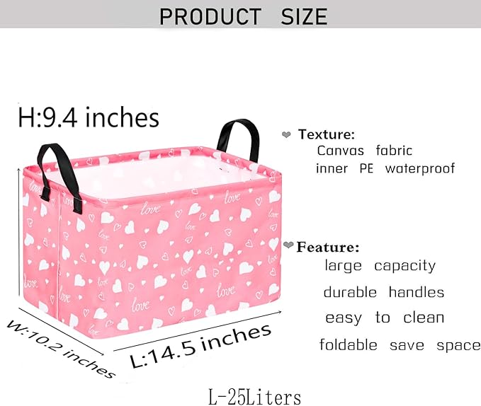 KUNRO Rectang Heart Pattern Vantine's Storage Basket Gift Shelf Basket Storage Bin, Nursery Basket Organizer Box for With Handles for Room Deco