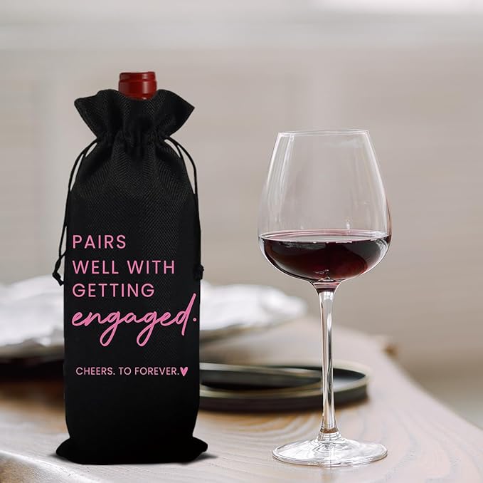 Engaged Gifts, Engagement Gifts for Couples Her, Engagement Party Decorations Gifts for Engaged Couple Wine Bag, Pairs Well with Getting Engaged Wine Bottle Bag(Black)