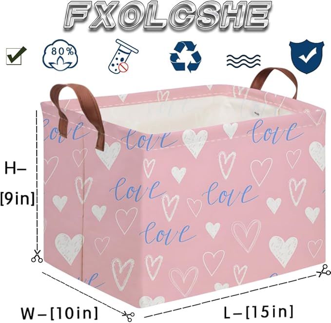 Rectangular Pink Valentine's Day Gift Basket,nursery basket,Pink girls gift baskets,kids toy storage Bin, Love Heart Room Decor for Home,Shelf Baskets(Blue pink heart)