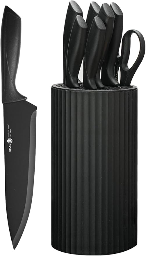Knife Set, 8-Piece Kitchen Knife Set with Universal Block - Anti-Rust Chef Knives, Ergonomic Design, Dishwasher Safe (Black)
