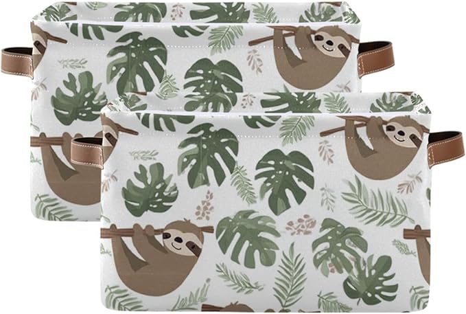 Aslsiy Storage Basket Sloth Tropical Leaves Nursery Bins Baby Box Canvas Clothes Shelf Basket Laundry Hamper Gift Basket for Home Closet 1 Pcs