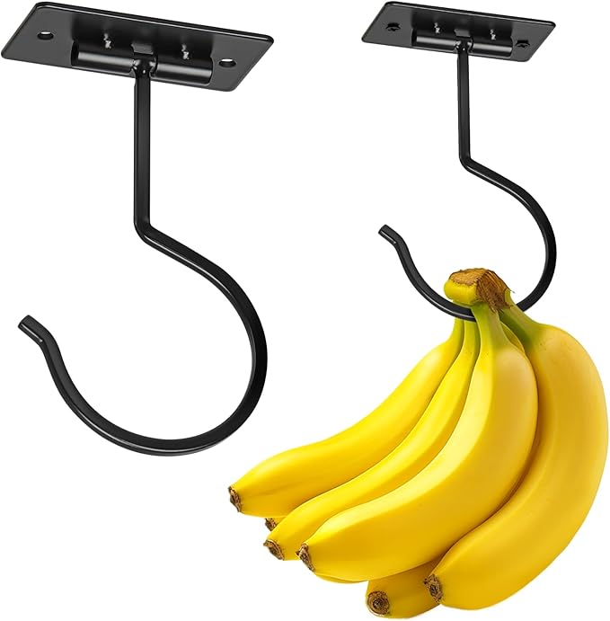 2PCS Self Adhesive Banana Hook Under Cabinet Foldable Banana Hanger Black Metal Under Counter Banana Hook to Keep Bananas Fresh Banana Holder for Kitchen RV Space Saving