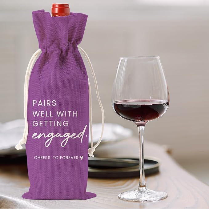 Engaged Gifts, Engagement Gifts for Couples Her, Engagement Party Decorations Gifts for Engaged Couple Wine Bag, Pairs Well with Getting Engaged Wine Bottle Bag(Purple)