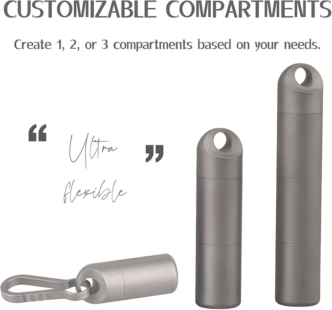Titanium Keychain Pill Holder - Compact, Durable, and Waterproof 3-Compartment Small Pill Case - Portable and Versatile Medicine Container for Everyday Use and Travel (Titanium Grey)