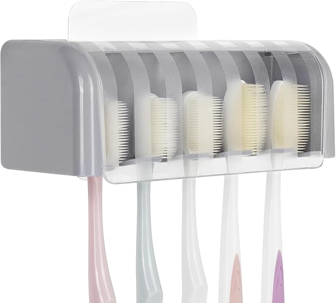 LUEXBOX 5 Slots Wall Mount Toothbrush Holder with Cover, Self Adhesive Toothbrush Storage Organizer for Shower, Toothbrush Hanger for Bathroom, Medicine Cabinet, Dorm (Grey)