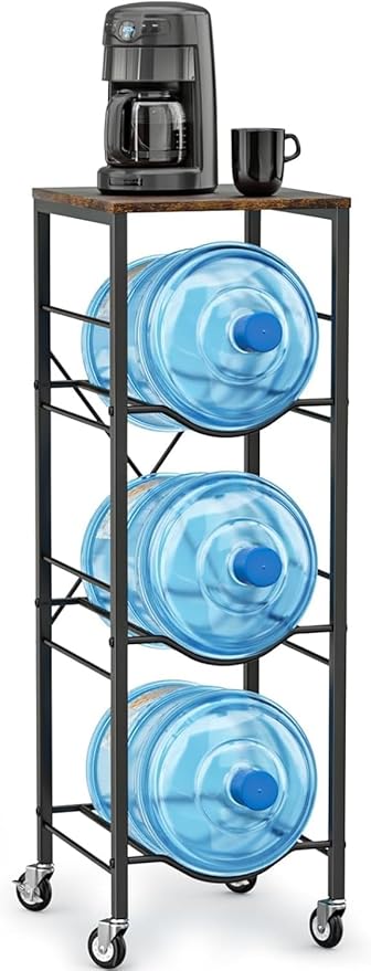 5 Gallon Water Jug Holder - 3-Tier Water Jug Rack with Wheel Reinforced X-Shape Design, 5 Gallon Water Jug Stand with Storage Shelves for Kitchen, Living Room, Office