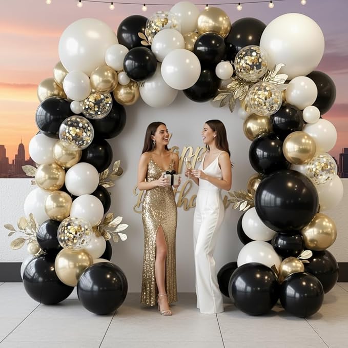 PTGOLUO Black and Gold Balloon Arch Garland Kit 150pcs 2026 New Year's, Double Stuffed Pearl Sand White Black Chrome Gold Balloons Arch Kit for Graduation Father's Day Birthday Party Decoration