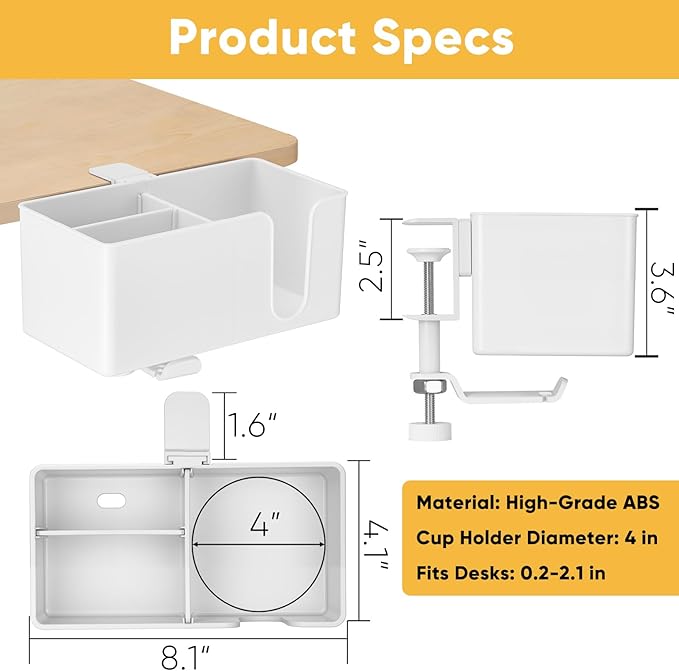 4-in-1 Clip On Desk Cup Holder - Adjustable Mountable Cup Holder with Divider & Rotating Hook - Large No Spill Clamp On Drink Holder Attachment - for Desk Chair Table Bed Tray - White