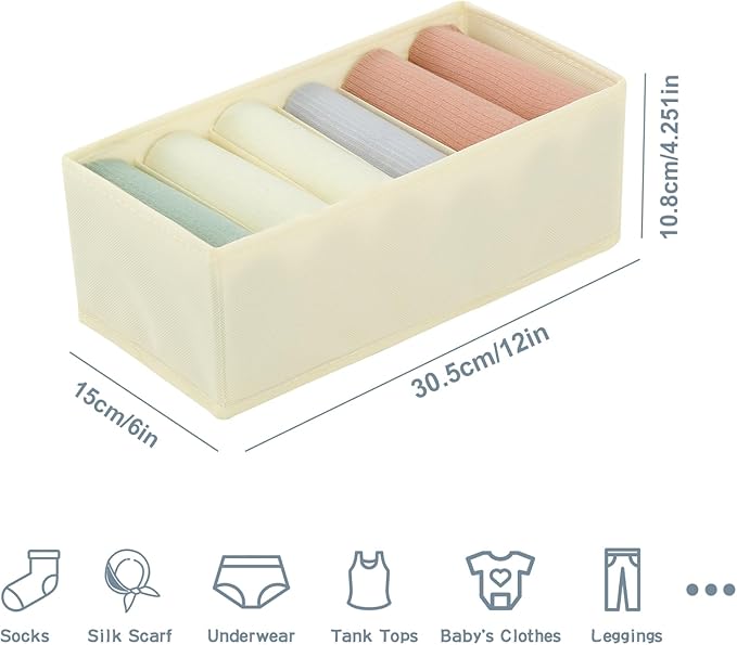 Qozary 3 Pack Sock Underwear Drawer Organizer Dividers, Non-Woven Fabric Collapsible Cabinet Closet Storage Boxes for Clothes, Socks, Lingerie, Underwear, Tie, Belt, Baby, Bedroom (Beige, 6 Cells)