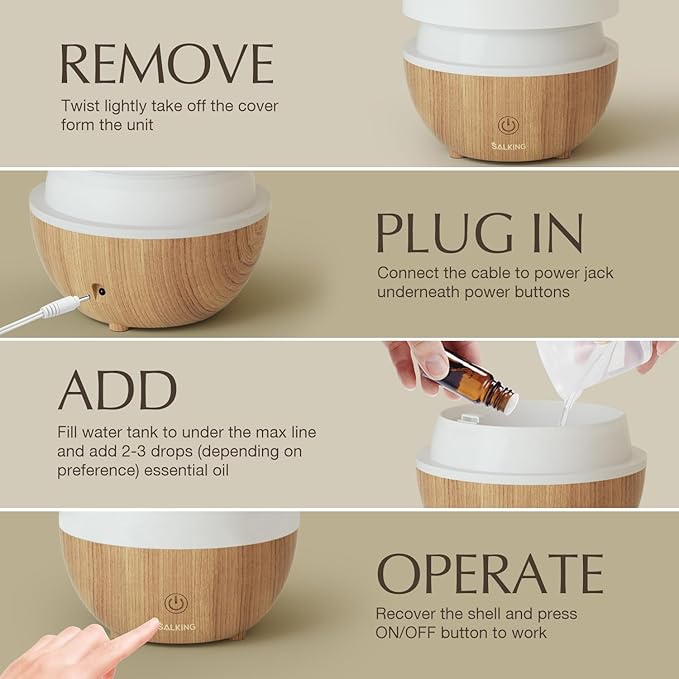 SALKING Essential Oil Diffuser, 100ml Small Aromatherapy Diffuser with Auto Shut-Off Function, Ultrasonic Diffusers for Essential Oils, Cool Mist Humidifier with Warm White Lights, for Office Home