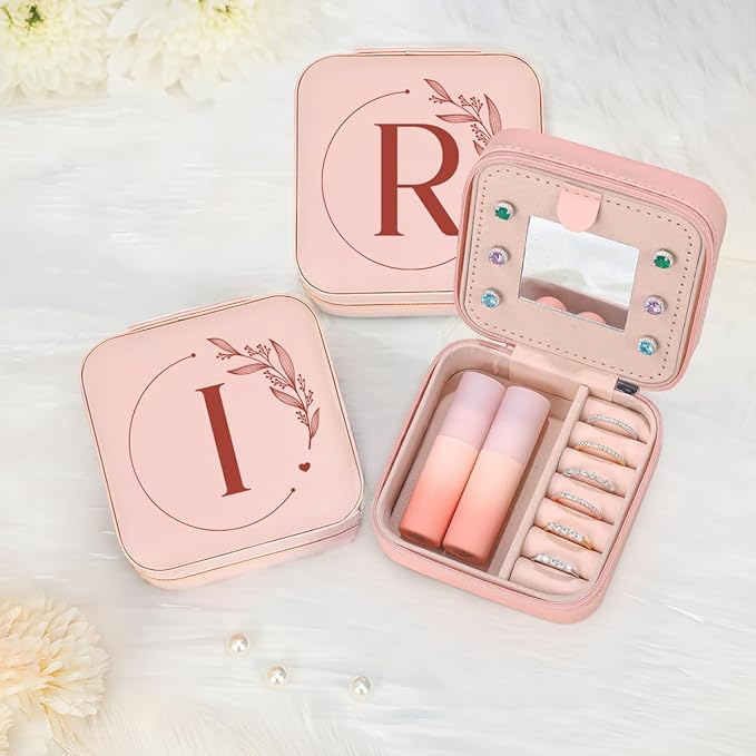 SANDJEST Personalized Jewelry Box, Pink Small Travel Jewelry Box with Initial I, Monogrammed Jewelry Case Organizer for Girls Women Teen, Mini Travel Essentials Gifts for Christmas Birthday