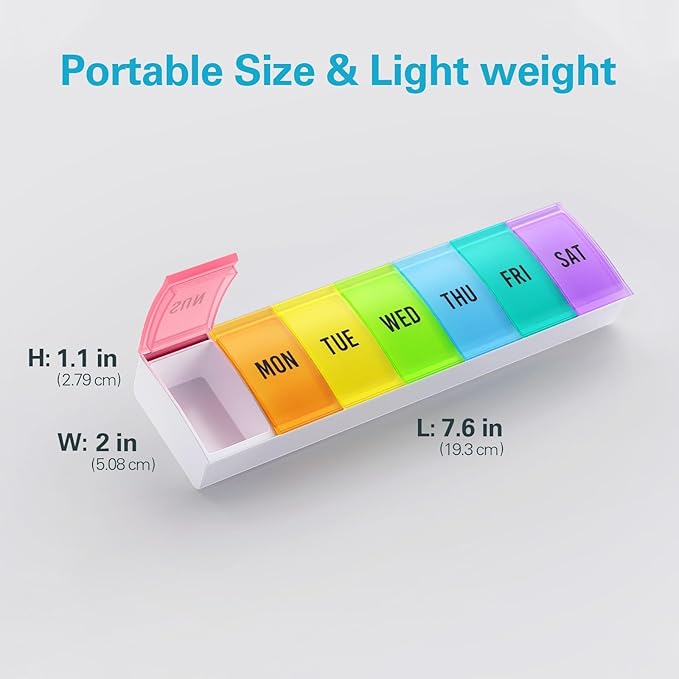 Barhon Medium Size Pill Organizer Weekly, 7 Day Medicine Pill Organizers, Daily Pills Box Case Travel for Big Vitamin Supplements Fish Oil, Multi-Colored
